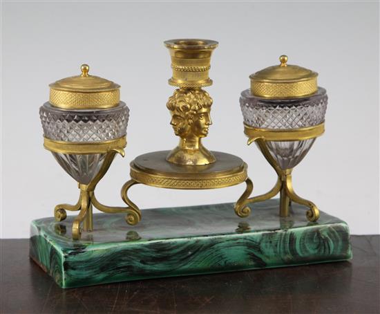 A 19th century French ormolu and cut glass inkstand, 7.25in.